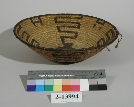 Hearst Museum object 1 of 3 titled Basket, accession number 2-13994, described as Coiled shallow basket, black design.