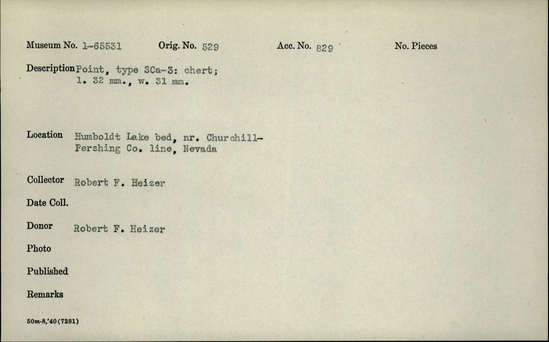 Documentation associated with Hearst Museum object titled Point, accession number 1-65531, described as Type SCa-3: chert