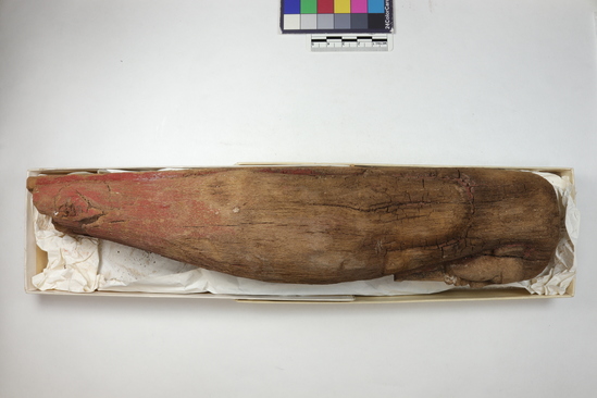 Hearst Museum object 5 of 7 titled Inscribed wooden mummy, accession number 6-20795, described as crude wooden mummy, inscribed and painted. New Empire