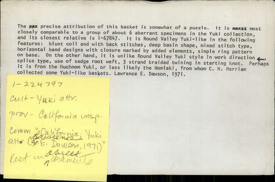 Documentation associated with Hearst Museum object titled Basket, accession number 1-224797, described as Coiled, 3-rod foundation, basin shaped, red-brown designs of two horizontal bands of triangles with points up, circle around center.  Note the anomalous additions to the designs near the closure of the bands. Sedge root and split redbud shoots sewing materials. Starting knot twined.