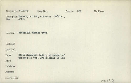 Documentation associated with Hearst Museum object titled Basket, accession number 2-18275, described as Coiled, concave.