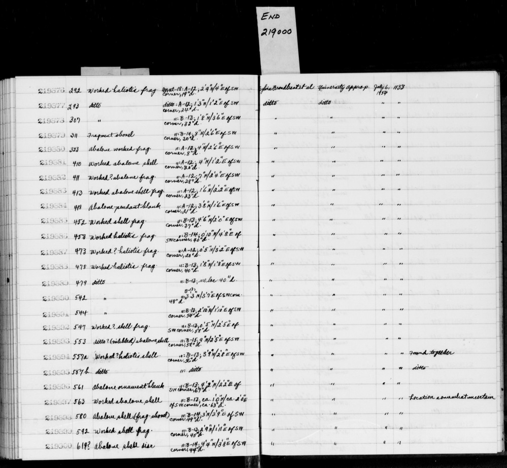 Documentation associated with Hearst Museum object titled Shell fragment, accession number 1-219878, described as Worked.