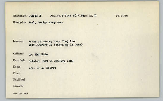 Documentation associated with Hearst Museum object titled Bowls (5), accession number 4-3042b, described as Bowl, design deep red