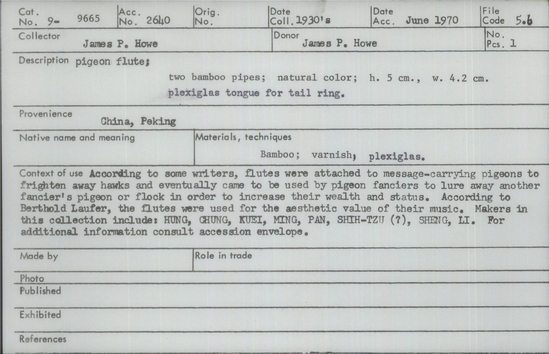 Documentation associated with Hearst Museum object titled Pigeon flute, accession number 9-9665, described as pigeon flute; 2 bamboo pipes; natural color; ht. 5 cm, w. 4.2 cm, plexiglas tongue for tail ring.