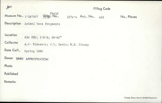 Documentation associated with Hearst Museum object titled Faunal remains, accession number 1-147627, described as Animal.