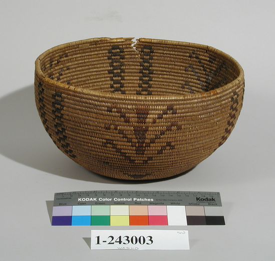 Hearst Museum object titled Basket, accession number 1-243003, described as Coiled, 3 rod, split/unsplit willow shoots, 6 vertical bar designs of bracken fern root and split red bud shoots.  Three "tree of life" designs of redbud shoots, bowl shaped, 4 small splits on top edge.