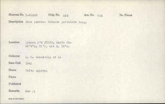 Documentation associated with Hearst Museum object titled Porcelain fragment, accession number 1-61356, described as Blue painted, Chinese.  Wan Li.