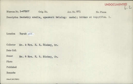 Documentation associated with Hearst Museum object titled Cradle model, accession number 1-67927, described as Basketry cradle. Openwork twining. Broken at top.
