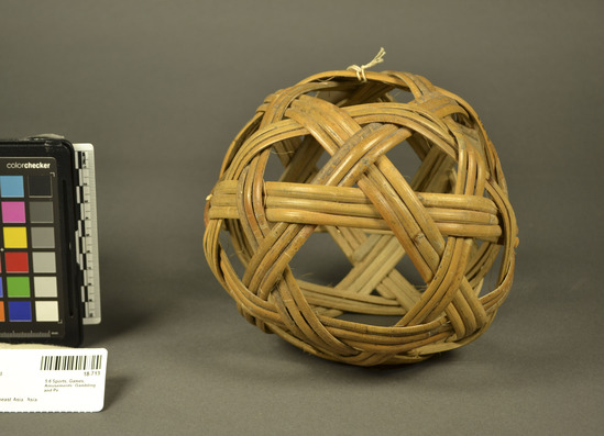 Hearst Museum object titled Woven ball, accession number 18-713, described as Rattan soccer ball; Used in game played by men; ball obsolete, according to collector