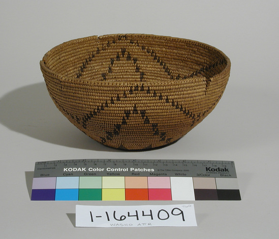 Hearst Museum object titled Bowl basket, accession number 1-164409, described as Coiled; bowl shaped.  Dark brown zigzag designs composed of small triangles.  Breaks in rim.