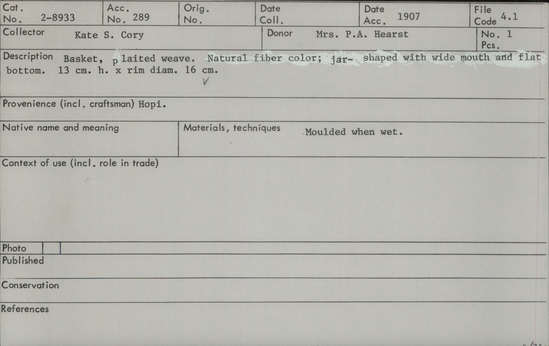 Documentation associated with Hearst Museum object titled Basket, accession number 2-8933, described as Plaited weave.  Natural fiber color; jar-shaped with wide mouth and flat bottom. Molded when wet.