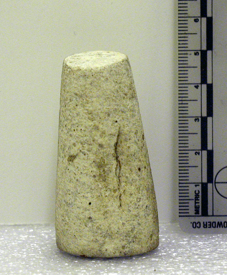 Hearst Museum object titled Model jars, accession number 6-1669a-c, described as a) model beaker; limestone: truncated cone, black; length 2 cm opening of the mouth set b) model beaker, white painted limestone c) quartz crystal piriform jar