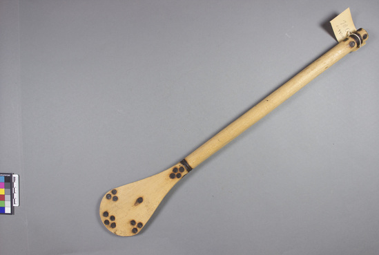 Hearst Museum object titled Paddle, accession number 5-4400, described as Paddle; carved chikamba wood; natural with black design; 58 cm l.