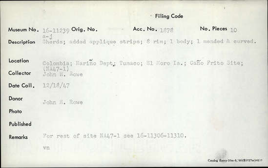 Documentation associated with Hearst Museum object titled Potsherd, accession number 16-11239h, described as Sherds, added applique strips, 8 rim, 1 body, 1 mended and curved.