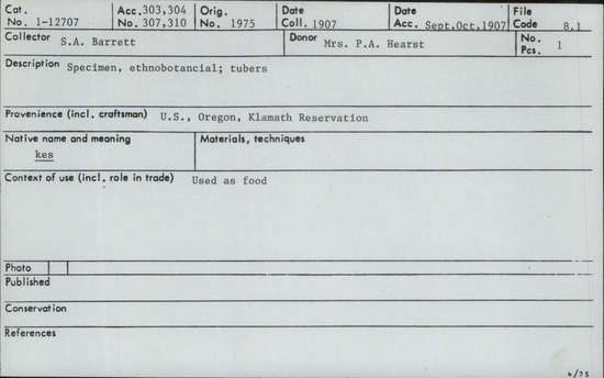 Documentation associated with Hearst Museum object titled Tubers, accession number 1-12707, described as (Kes)