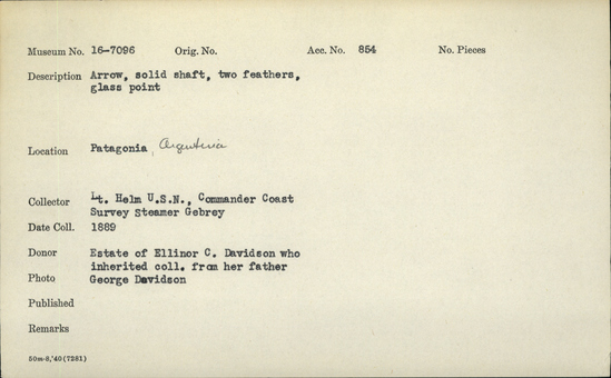 Documentation associated with Hearst Museum object titled Arrow, accession number 16-7096, described as Arrow, solid shaft, two feathers, glass point