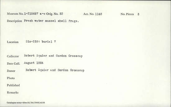 Documentation associated with Hearst Museum object titled Shell fragments, accession number 1-215657a-c, described as Freshwater mussel.