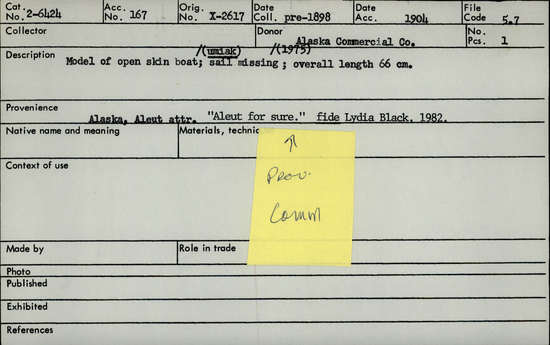 Documentation associated with Hearst Museum object titled Boat model, accession number 2-6424a,b, described as Model of open skin boat (umiak). Sail missing (1975). wooden frame covered with skin; bow characteristic of Pacific Eskimo; fabric sail, sewn from three pieces attached to two wooden mast poles.
