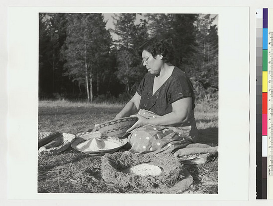 Hearst Museum object titled Black-and-white negative, accession number 15-19546, described as Essie Parrish preparing acorn meal