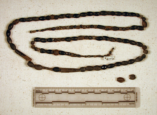 Hearst Museum object titled Beads, accession number 6-14773, described as string of black spherical, barrel-shaped, and tubular beads; l - 96cm