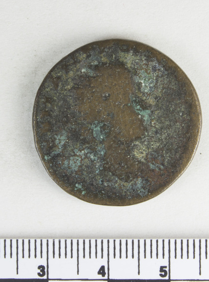 Hearst Museum object 6 of 6 titled Coin: æ, accession number 8-4963, described as Coin; AE; Greek. 15.48 grams, 27.50 mm. Gordian III, 238-244 AD. Harran, Turkey. Obverse: [AVT]OKKMANTΓO [           ], Bust of Gordian III r. wearing paludamentum and cuirass. Reverse: MHTPKOV [     ], bust of city-goddess l. wearing turreted crown and veil, draped; to front, on pedestal, small figure r., holding water-skin over shoulder.