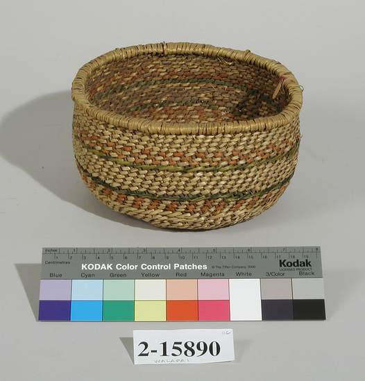 Hearst Museum object titled Basket, accession number 2-15890, described as Round, flat bottom, diagonal twining, red and green design.