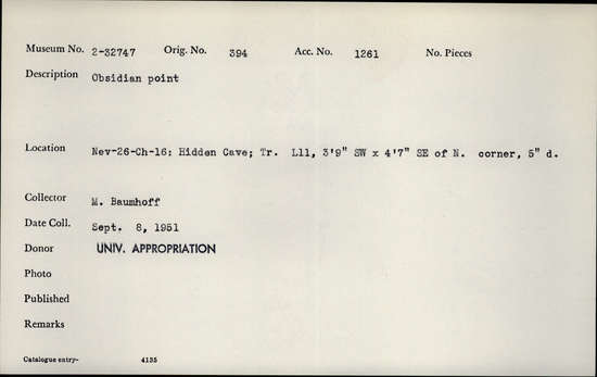 Documentation associated with Hearst Museum object titled Stone point, accession number 2-32747, described as Obsidian point.