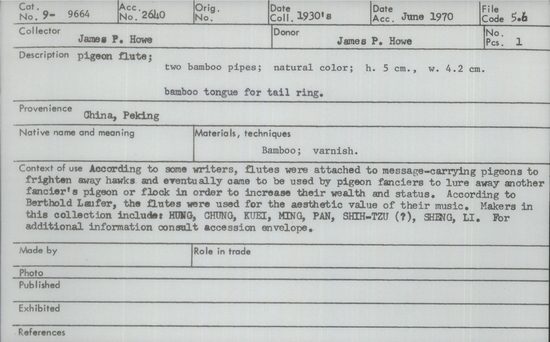 Documentation associated with Hearst Museum object titled Pigeon flute, accession number 9-9664, described as pigeon flute; 2 bamboo pipes;natural color; ht. 5 cm, w. 4.2 cm, bamboo tonge for tail ring.