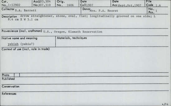 Documentation associated with Hearst Museum object titled Arrow straightener, accession number 1-12902, described as Yehish [or "yahis" ?].