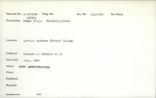 Documentation associated with Hearst Museum object titled Point fragment, accession number 1-197919, described as Obsidian, base.