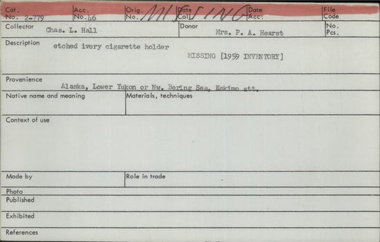 Documentation associated with Hearst Museum object titled Cigarette holder, accession number 2-779, described as Etched ivory cigarette holder