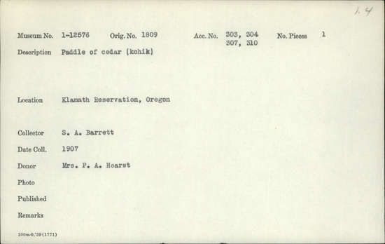 Documentation associated with Hearst Museum object titled Paddle, accession number 1-12576, described as Paddle of cedar (kchik).