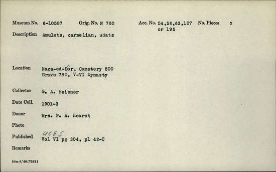 Documentation associated with Hearst Museum object titled Amulets, accession number 6-10587, described as Amulets, carnelian, udats.