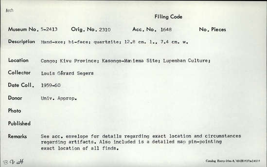 Documentation associated with Hearst Museum object titled Handaxe, accession number 5-2413, described as Hand-axe; biface; quartzite