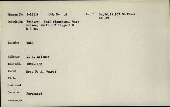 Documentation associated with Hearst Museum object titled Broken pot stand, accession number 6-19529, described as Pottery: buff ring stand, base broken, small diameter 7 cm, large diameter 8 cm, height 7 cm.