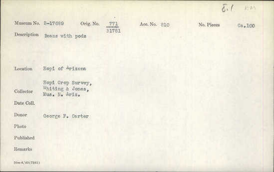 Documentation associated with Hearst Museum object titled Beans, accession number 2-17689, described as Beans with pods.