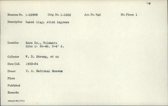 Documentation associated with Hearst Museum object titled Baked clay, accession number 1-52999, described as Stick impress