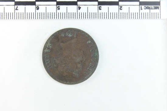 Hearst Museum object titled Coin, accession number 7-2837, described as Coin: Cu; Obverse- VICTORIA QUEEN 1879; Reverse- Cyprus 1/2 Half Finstre; 5.79 grams.
