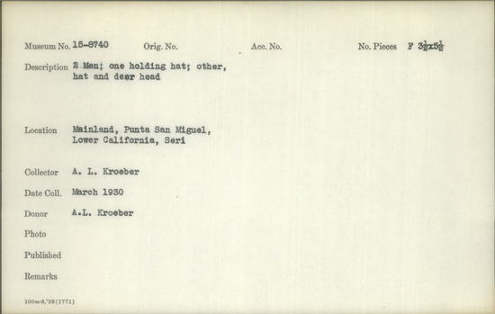 Documentation associated with Hearst Museum object titled Black-and-white negative, accession number 15-8740, described as Two men; one holding hat; other, hat and deer head.