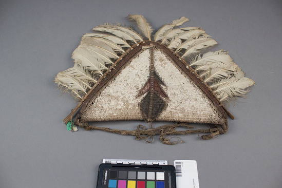 Hearst Museum object titled Headdress, accession number 11-837, described as Triangular basketry head-dress, feathered.