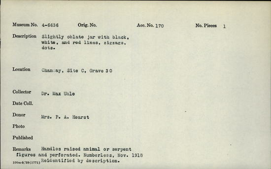 Documentation associated with Hearst Museum object titled Jar, accession number 4-6636, no description available.