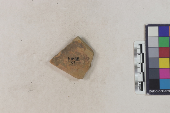 Hearst Museum object 2 of 2 titled Potsherd, accession number 16-8144, described as Potsherd; body, polished, painted? two ridges form design. Numbers  8111 to 8194 are sherds picked up on beach at low tide. Section of Manta on Beach currently inhabited.