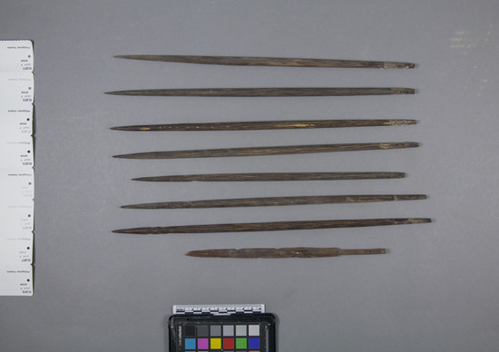 Hearst Museum object titled Arrow, accession number 10-3077, described as Arrowpoint; tapered palmwood; barbed near tip; 37.7 centimeters long