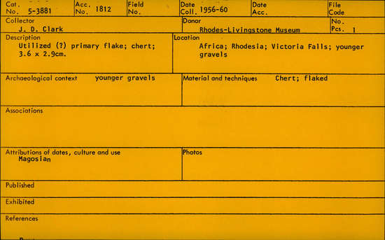 Documentation associated with Hearst Museum object titled Flake, accession number 5-3881, described as Utilized (?) primary flake; chert