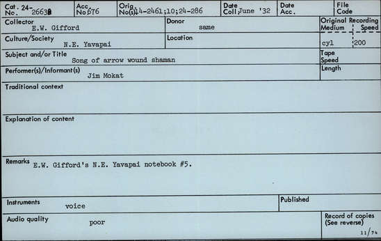 Documentation associated with Hearst Museum object titled Audio recording, accession number 24-2663, described as Song of arrow wound shaman