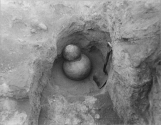 Hearst Museum object titled Photograph, mounted, accession number 13-3975, described as Photo; Infant urn burial excavated at Jahuay by E.P. Lanning Middle Horizon Period.