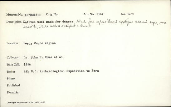 Documentation associated with Hearst Museum object titled Mask, accession number 16-8068, described as Knitted wool mask for dances