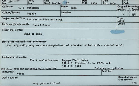 Documentation associated with Hearst Museum object titled Audio recording, accession number 24-1690, described as Red Ant or Piss Ant Song