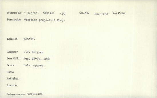 Documentation associated with Hearst Museum object titled Projectile fragment, accession number 1-140295, described as Obsidian.