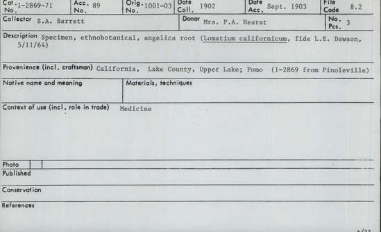 Documentation associated with Hearst Museum object titled Root, accession number 1-2871, described as Angelica